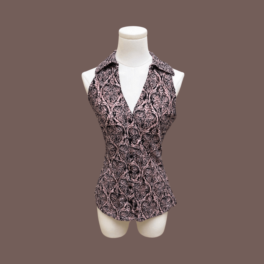 INC Damask Halter Top | Pink & Black Velvet | Size M | Vintage